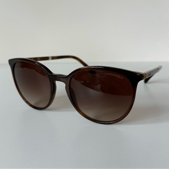 CHANEL | Round Cat Eye Sunglasses | Brown Tortoiseshell with Pearl Accents - Picture 13 of 14